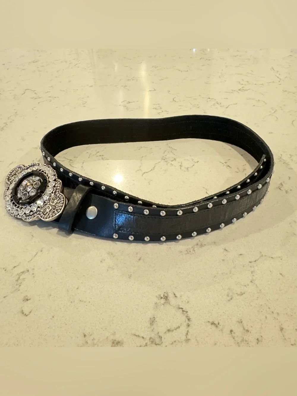 Vintage Leatherrock Studded Black Leather Belt Crystal Buckle Size 36